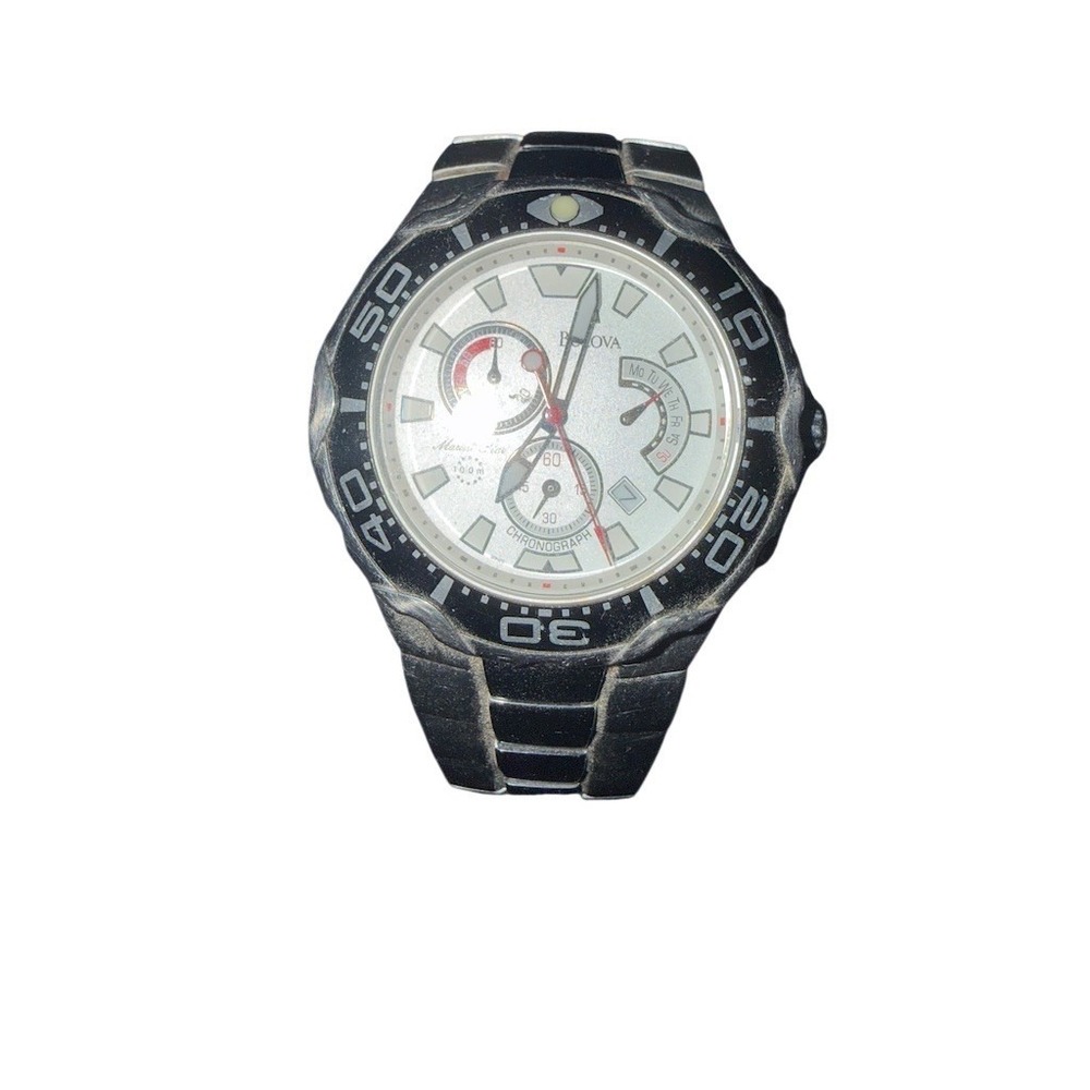 Bulova Marine Star Chronograph Men Watch Silver Dial Black rotate Bezel quartz